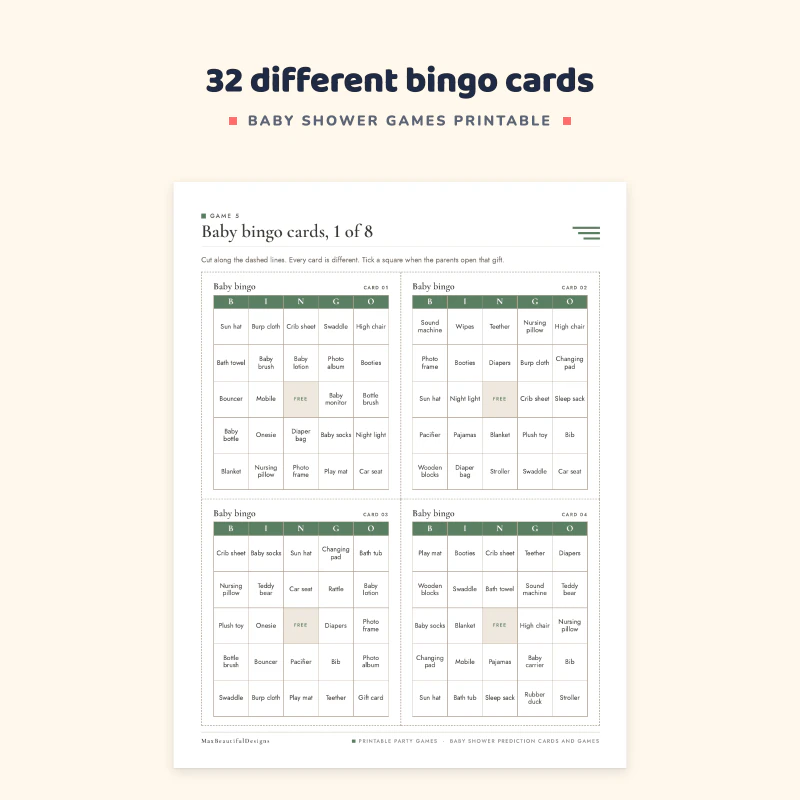 Baby bingo page with two cards, each a 5 by 5 grid of baby items such as baby bottle, diaper bag and rocking chair with a free center square