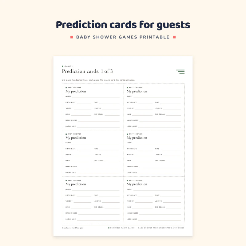 Prediction cards page with six cards to fill in: birth date, time, weight, length, eye color, hair color and name guesses