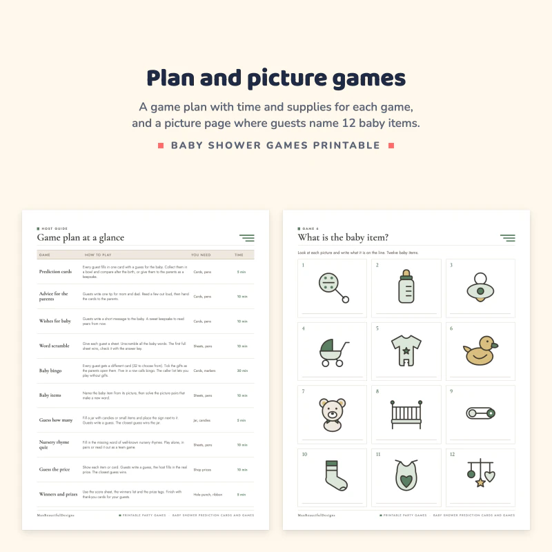 Game plan at a glance table next to the What is the baby item page with 12 small icons such as a rattle, bottle, stroller and crib