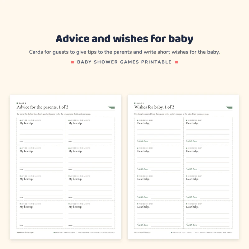 Advice for the parents page with My best tip cards, next to a Wishes for baby page with Dear baby cards