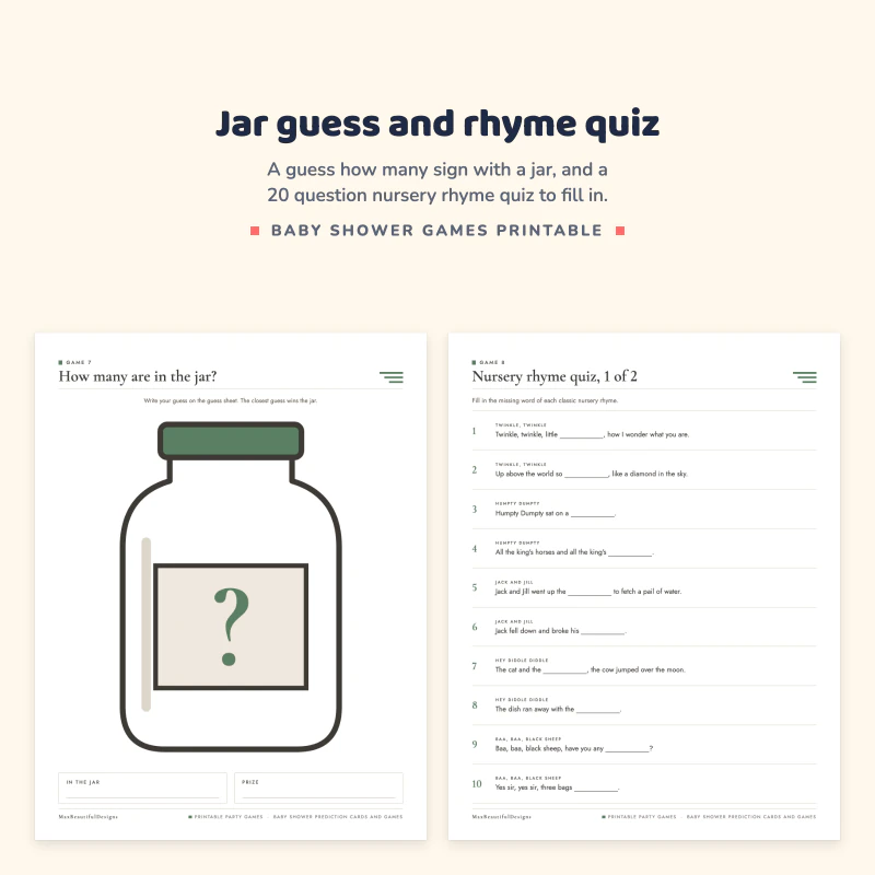 How many are in the jar page with a jar and a question mark, next to a nursery rhyme quiz with fill in the blank lines