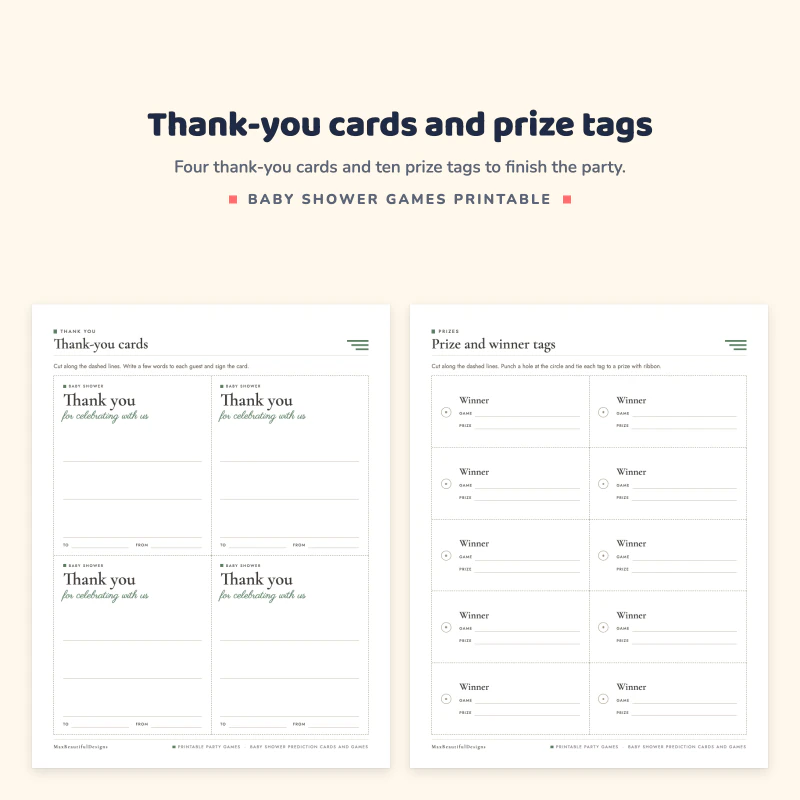 Thank-you cards page with four cards, next to a prize and winner tags page with ten tags