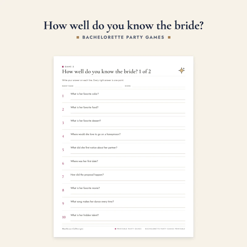 Top of a bachelorette bingo page: a BINGO card with squares like toast to the bride and selfie with the bride, a heart free space and cut lines