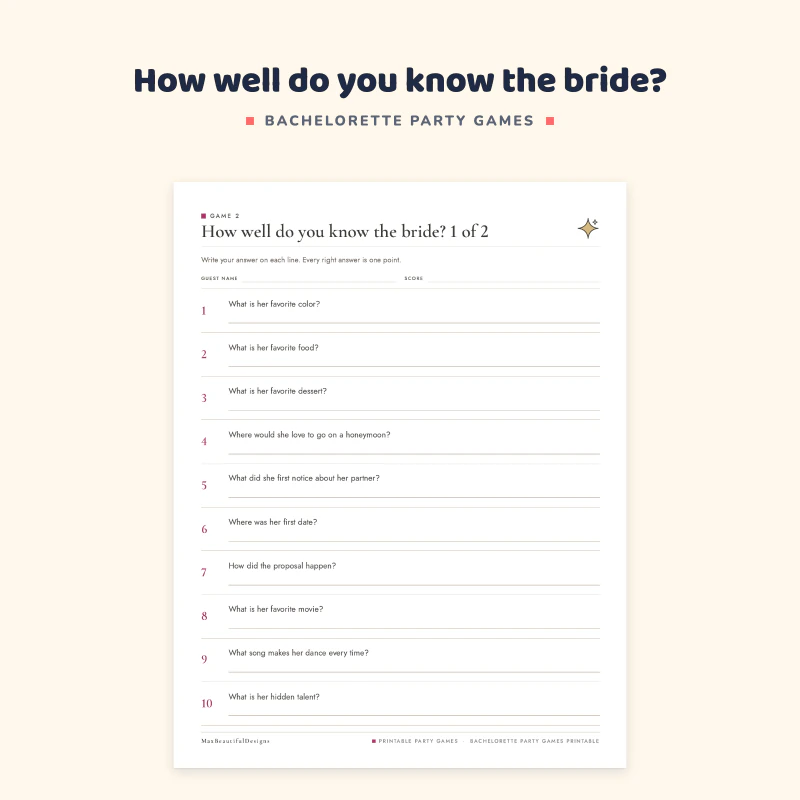 Top of the bride quiz guest sheet: numbered questions such as what is her favorite color and what is her favorite food, each with a line to write the answer