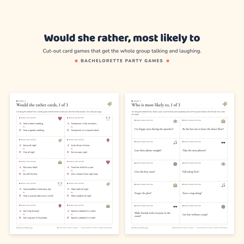 A would she rather cards page with A and B choices next to a who is most likely to cards page