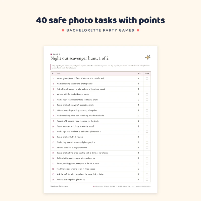 Top of the night out scavenger hunt: numbered photo tasks with a points column and a check box for each task