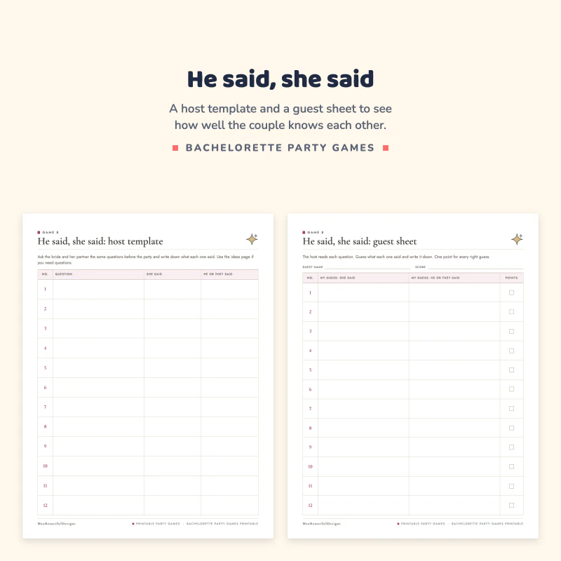 He said she said host template with numbered rows next to the guest sheet with columns for the answers