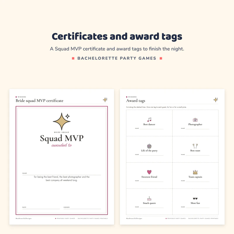 A Bride squad MVP certificate next to a page of award tags such as best dancer, photographer and life of the party