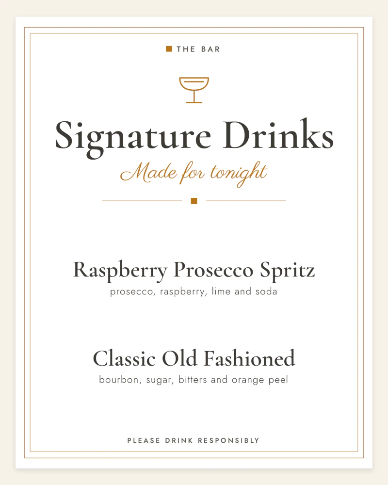 Signature Drinks sign with Raspberry Prosecco Spritz and Classic Old Fashioned in a thin amber frame