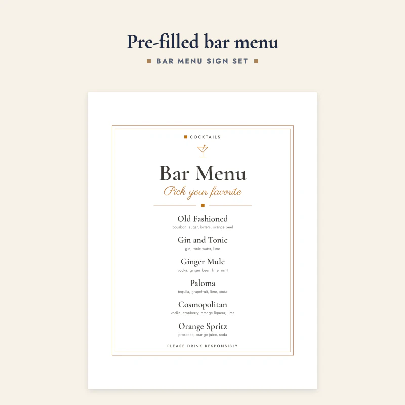 Bar Menu sign listing Old Fashioned, Gin and Tonic, Ginger Mule, Paloma, Cosmopolitan and Orange Spritz with short ingredient lines