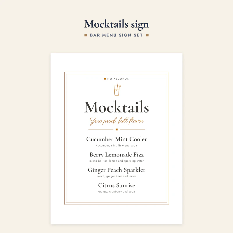Mocktails sign with Cucumber Mint Cooler, Berry Lemonade Fizz, Ginger Peach Sparkler and Citrus Sunrise
