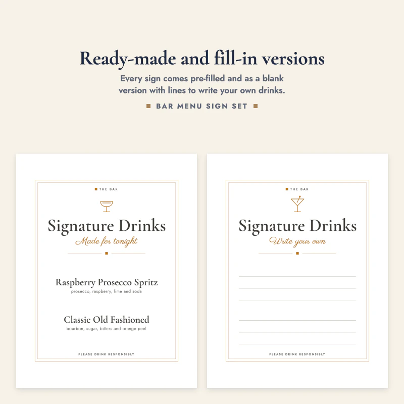 Signature Drinks sign with two drinks next to the blank Signature Drinks sign with writing lines