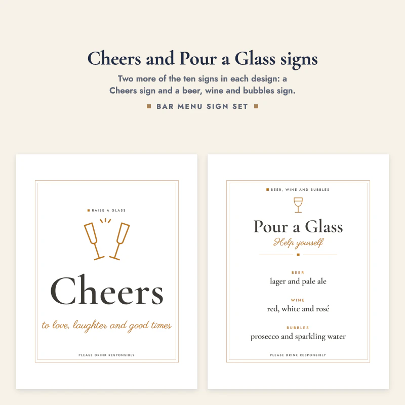 Cheers sign with two glasses next to the Pour a Glass sign with beer, wine and bubbles