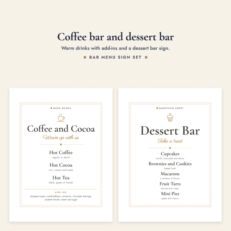 Coffee and Cocoa sign next to a Dessert Bar sign with cupcakes, brownies, macarons and fruit tarts