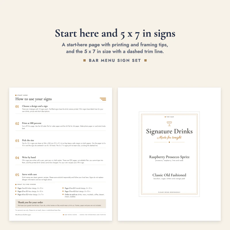 Start here page with five steps next to a small 5 x 7 in Signature Drinks sign