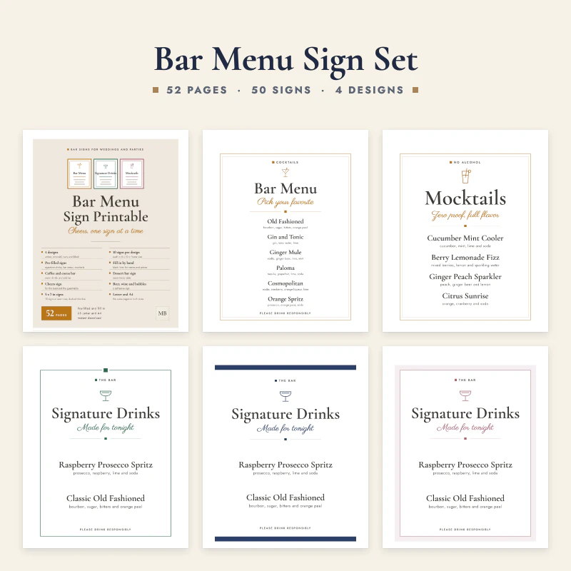 Bar menu sign set: the cover, a pre-filled bar menu in amber, mocktails in amber, a signature drinks sign in green, a navy signature drinks sign and a rose signature drinks sign