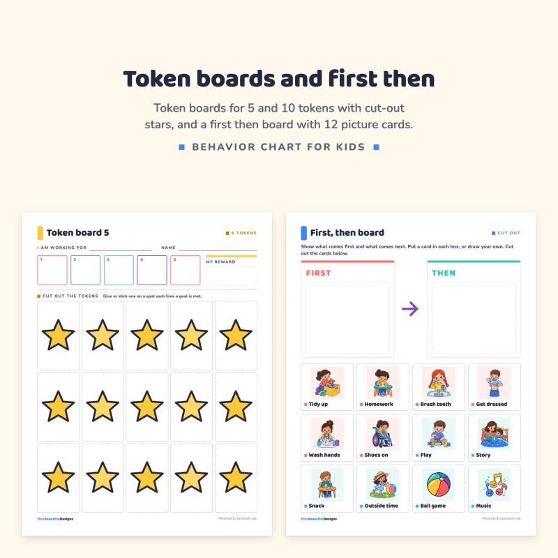 Token board 5 with cut-out stars, next to a first then board with a card grid of daily routines such as brush teeth and homework