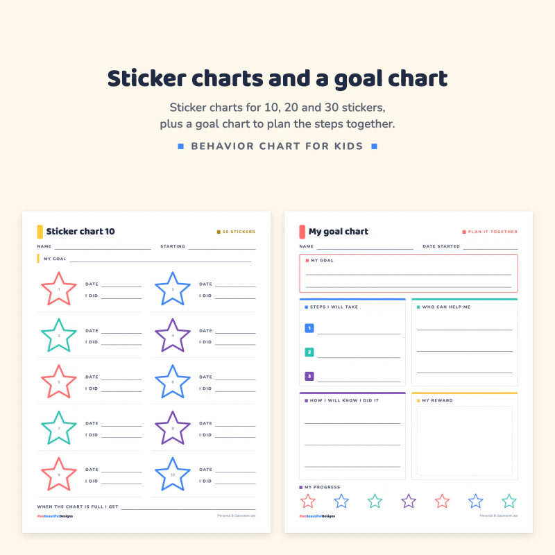 Sticker chart 10 with stars to color, next to a my goal chart with steps, helpers, reward and progress stars