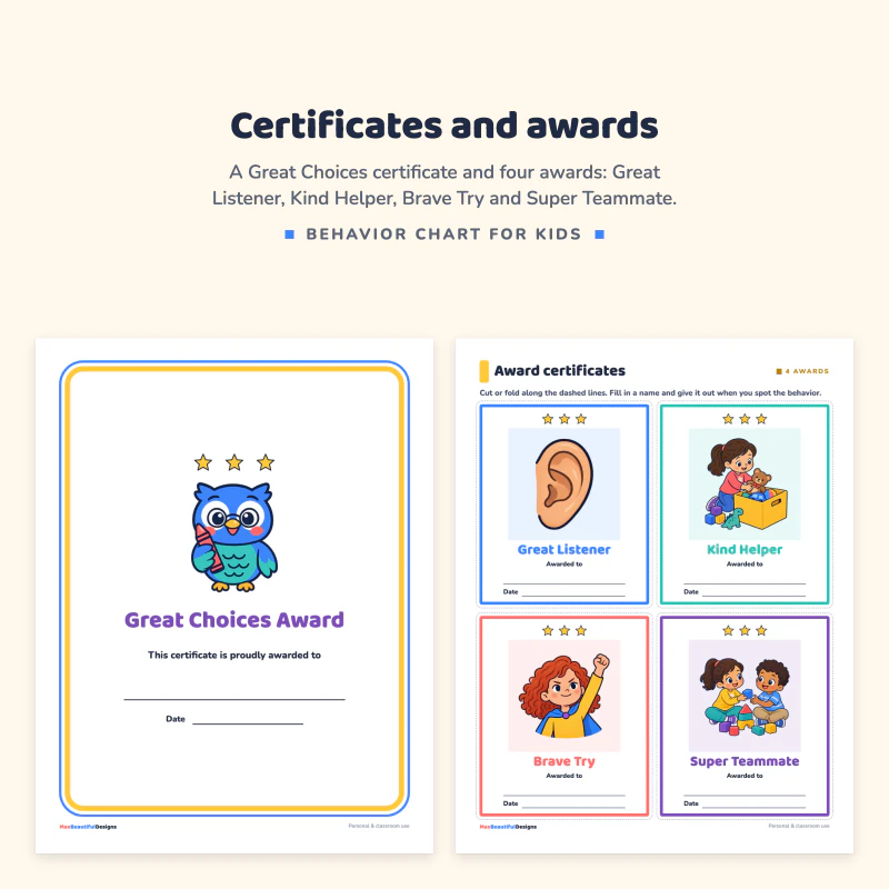Great Choices Award certificate with the owl, next to a page with four award certificates for Great Listener, Kind Helper, Brave Try and Super Teammate