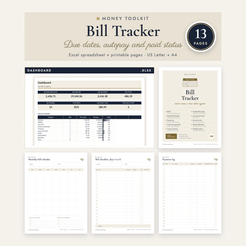 Bill Tracker: the dashboard sheet on a framed screen next to real printable pages