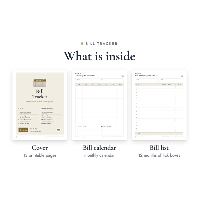 Three pages of the Bill Tracker: cover, bill calendar, bill list