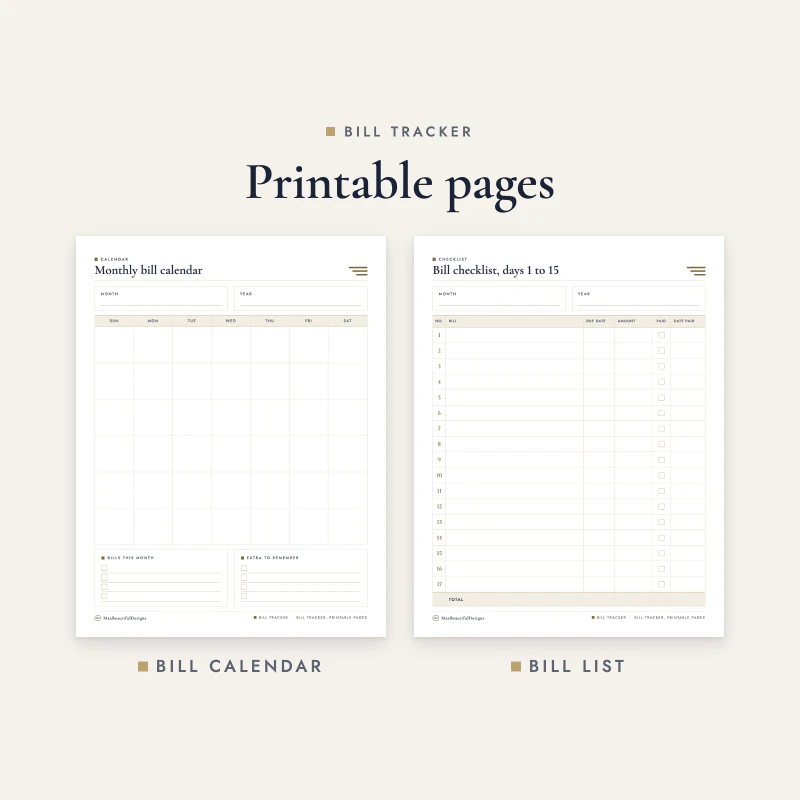Two printable pages of the Bill Tracker