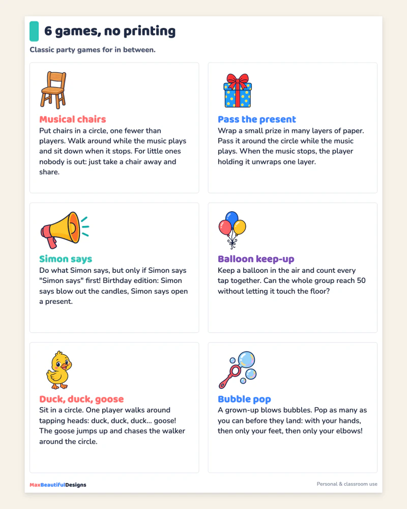 Top of the no printing page: classic games such as musical chairs and Simon says with short rules