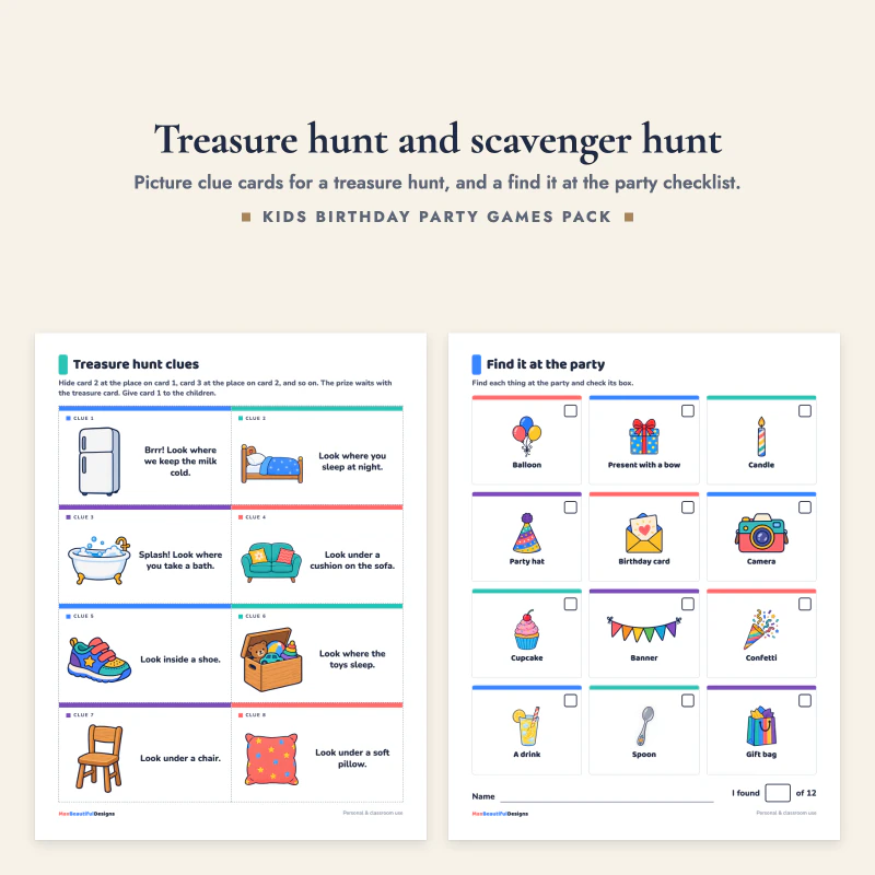 Treasure hunt clue cards with pictures and a find it at the party page with twelve things to tick
