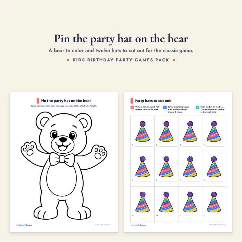 A line drawing of a bear to color next to a page of twelve party hats