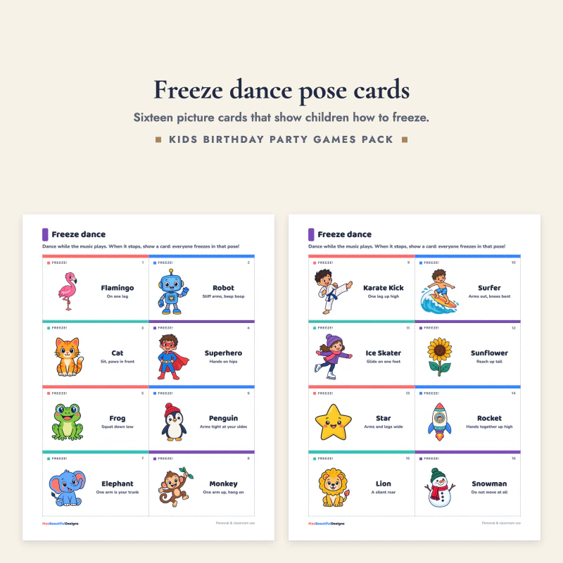 Two pages of freeze dance cards with animals, a robot, a superhero and a snowman