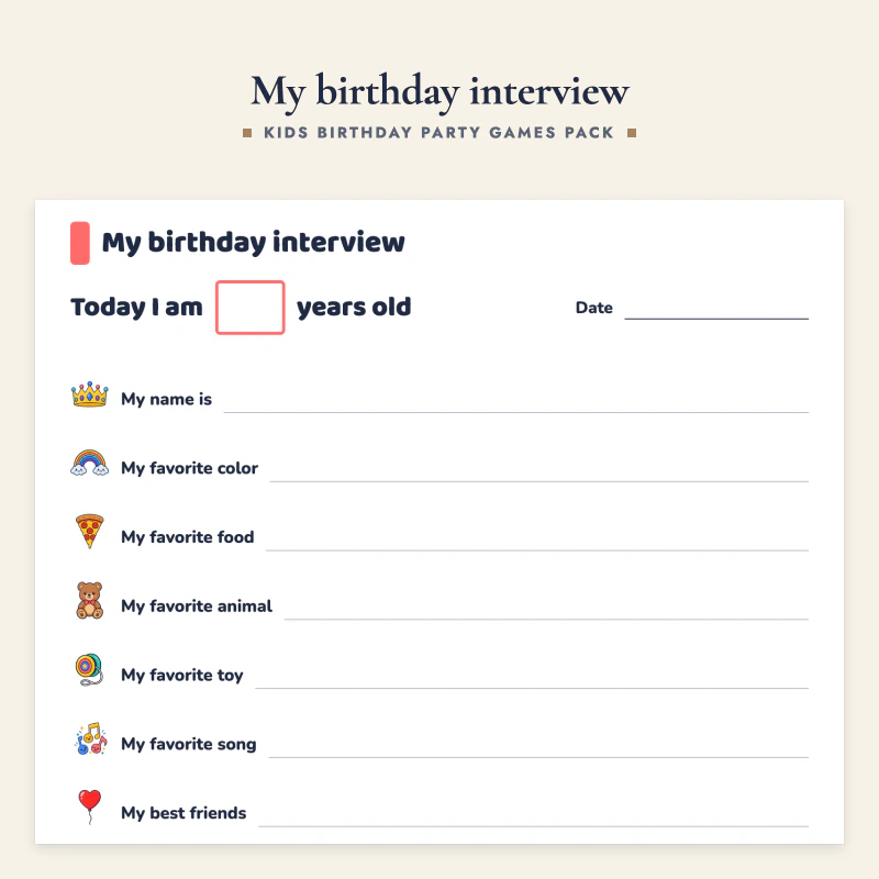 Top of the birthday interview page: favorite color, food, animal and more, filled in once a year