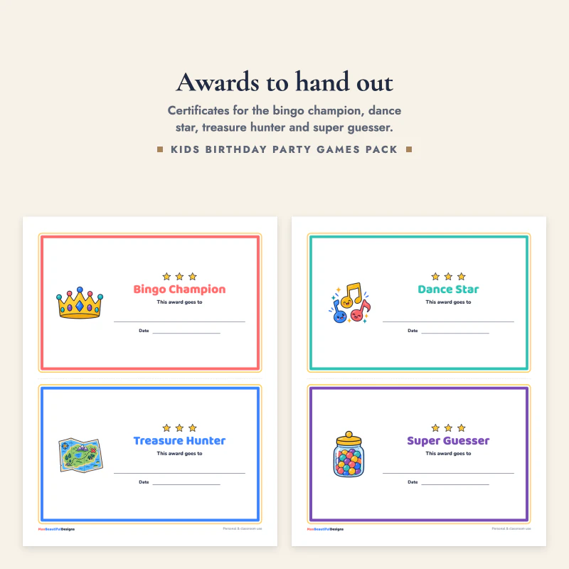 Two pages of award certificates with colored borders and a line for the name and date