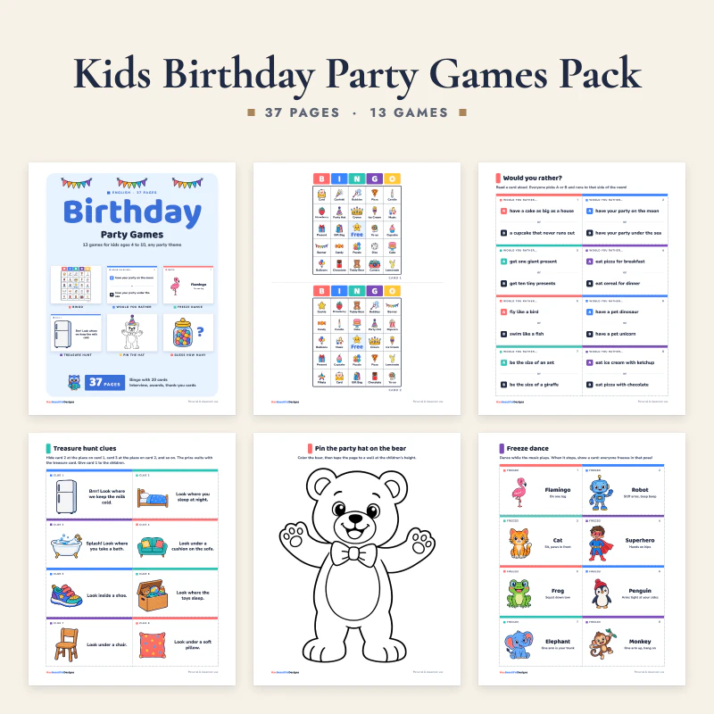 Kids birthday party games pack: the cover and five real pages, picture bingo, would you rather cards, treasure hunt clues, a bear to color and freeze dance cards