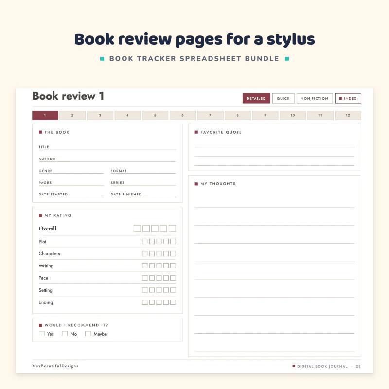 Digital book journal review page for the tablet: a book review layout with title, author, rating and sections to write in, with tabs on the right
