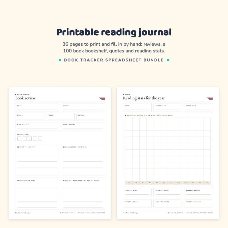 Printable book review page next to the reading stats for the year page with a chart grid