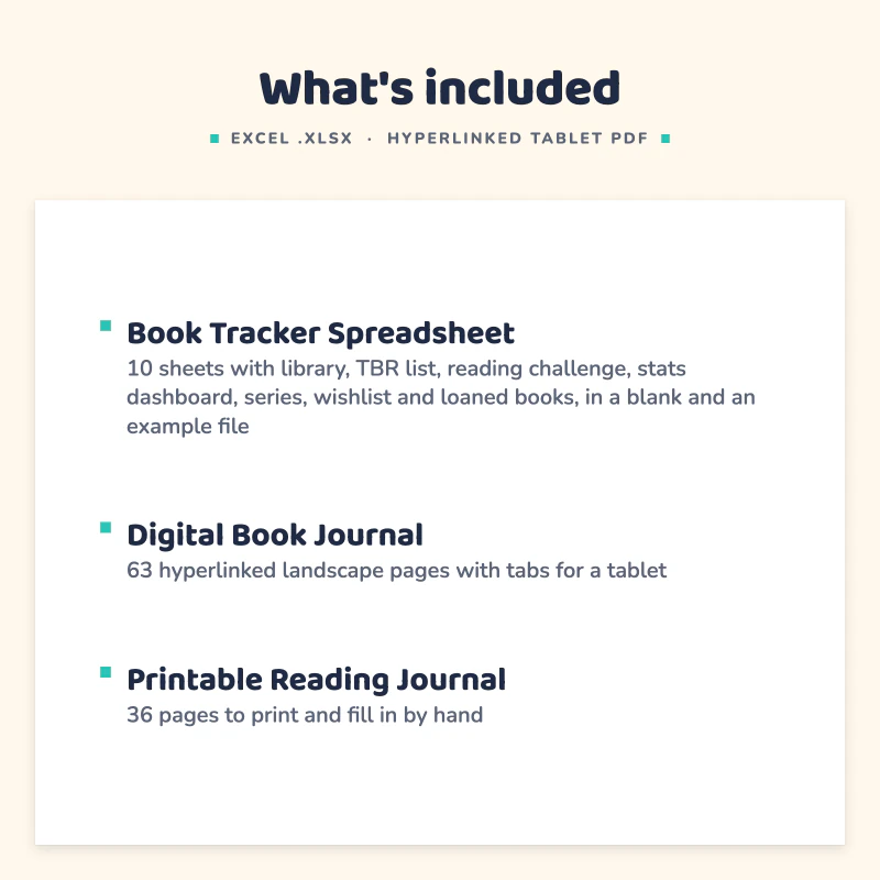 List of what is included in Book Tracker Spreadsheet Bundle: Book Tracker Spreadsheet, Digital Book Journal, Printable Reading Journal.
