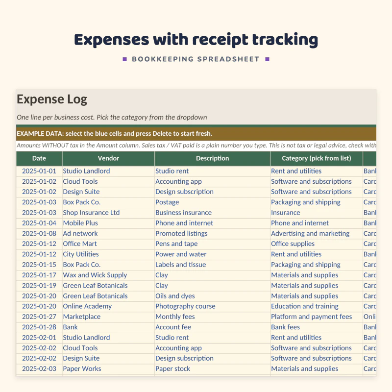 Expense log up close: date, vendor, description, category, payment, amount, total and a receipt on file column