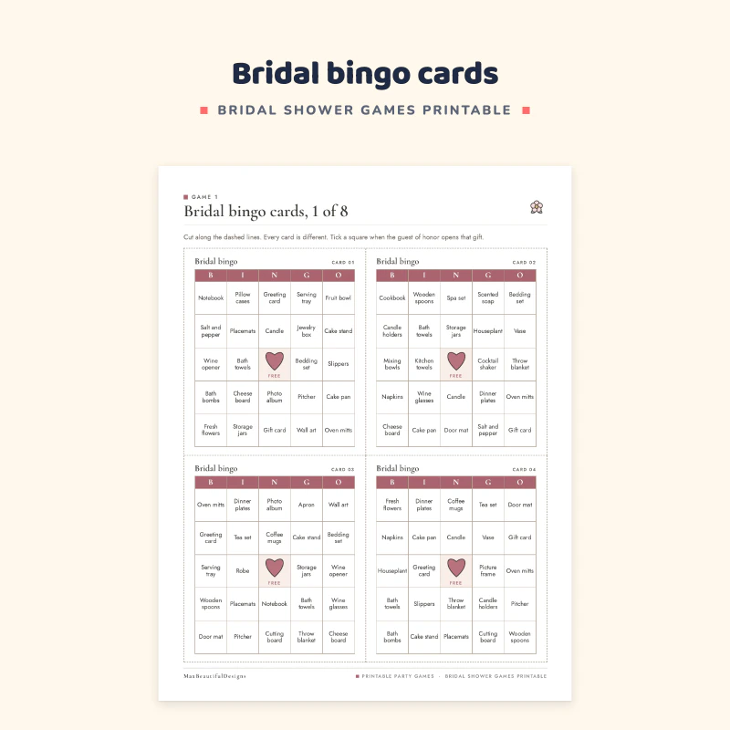 Bridal bingo cards page with four bingo boards filled with gift words and a heart in the center