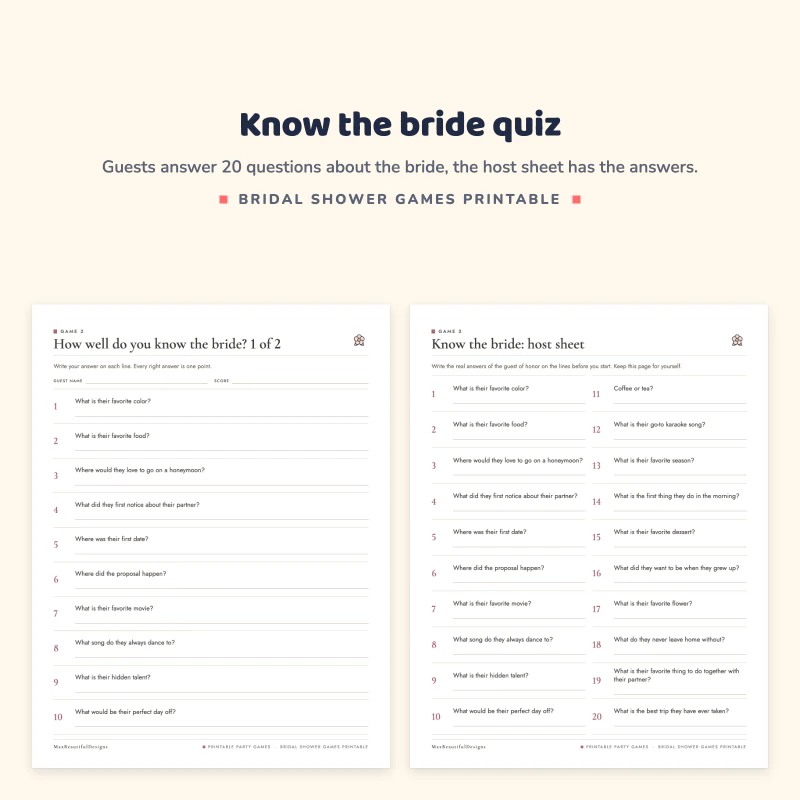 How well do you know the bride page 1 with numbered questions next to the host sheet with the same questions