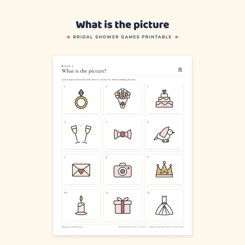 Wedding picture puzzle with twelve numbered icons: ring, bouquet, cake, champagne glasses, bow tie, birds, envelope, camera, crown, candle, gift and dress