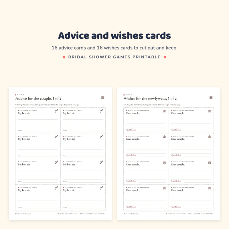 Advice for the couple page with eight My best tip cards next to a wishes for the newlyweds page with Dear couple cards