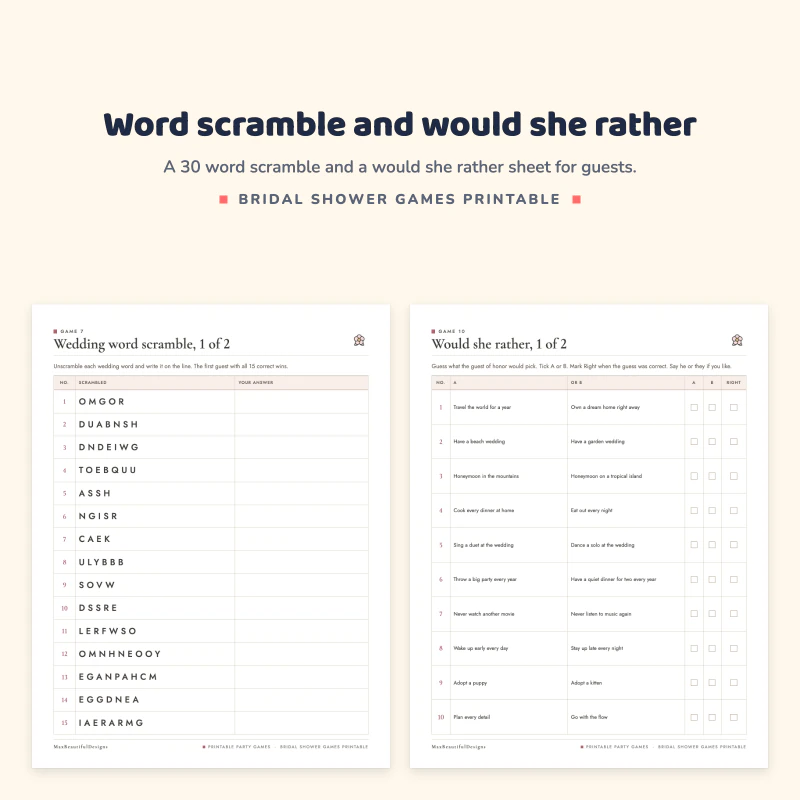Wedding word scramble page with scrambled words and answer lines next to a would she rather page with two choices per line
