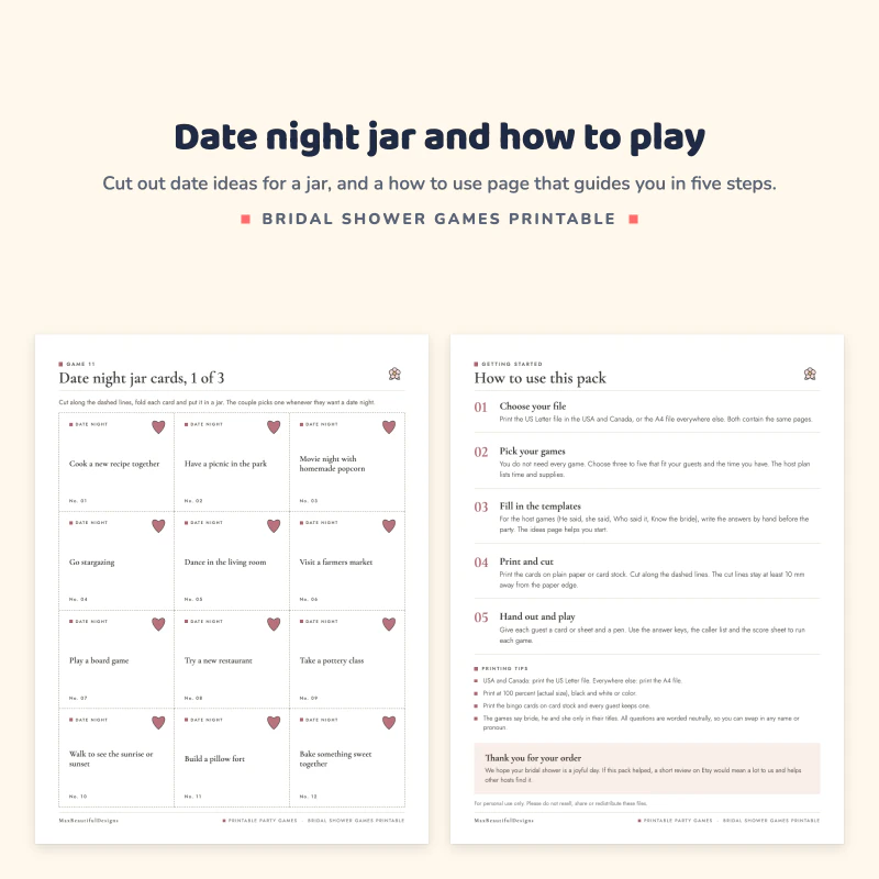Date night jar cards page with heart-topped date ideas next to the how to use this pack page with five numbered steps