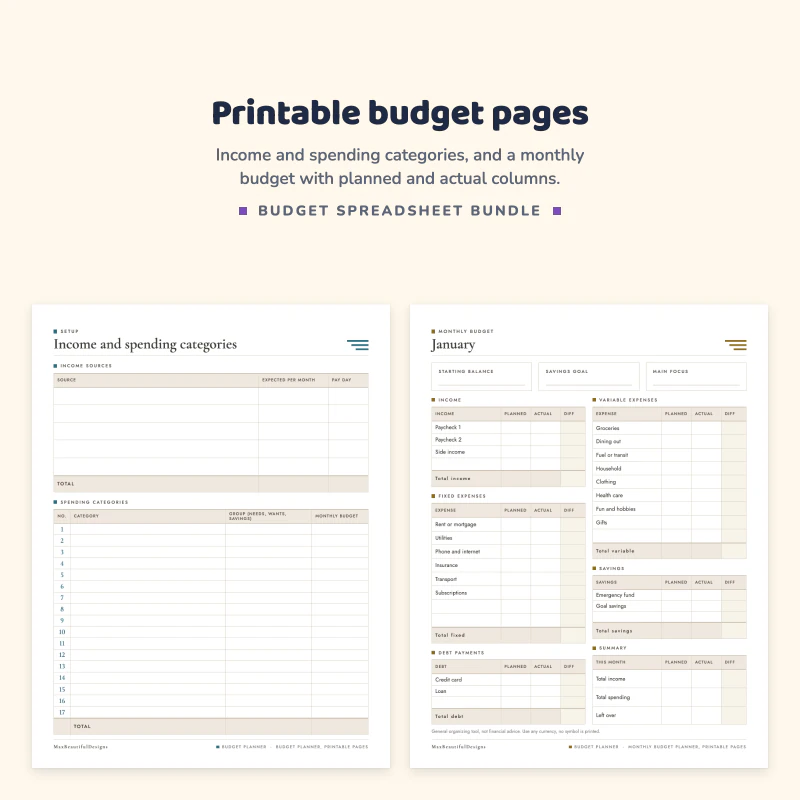 Income and spending categories page, next to a January monthly budget page with planned and actual columns