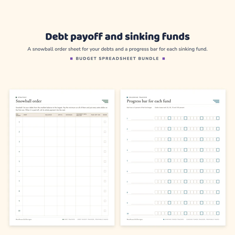 Snowball order page listing debts by balance, next to a progress bar for each fund page