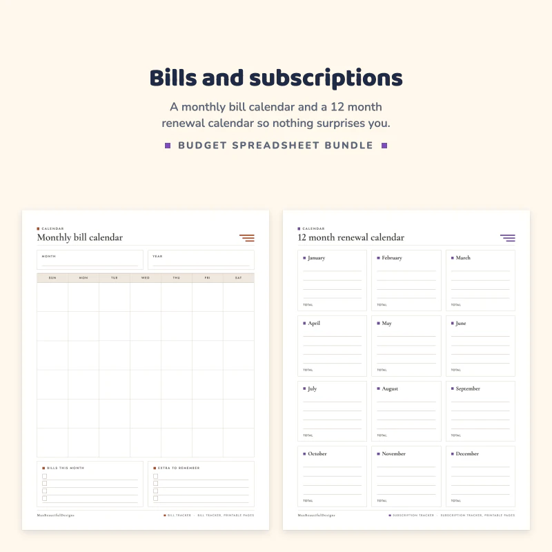 Monthly bill calendar page, next to a 12 month subscription renewal calendar page