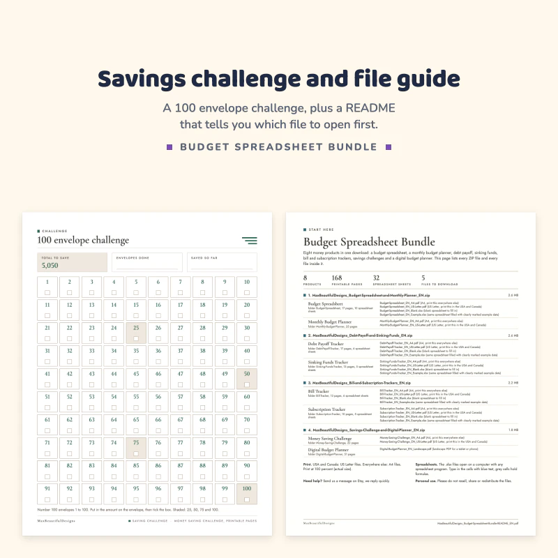 100 envelope challenge page with numbered boxes, next to the README page that lists the files of the budget bundle