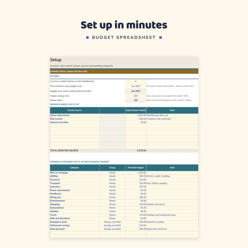 Setup sheet up close: currency, first month, target savings rate, income sources and spending categories with a group and a monthly budget