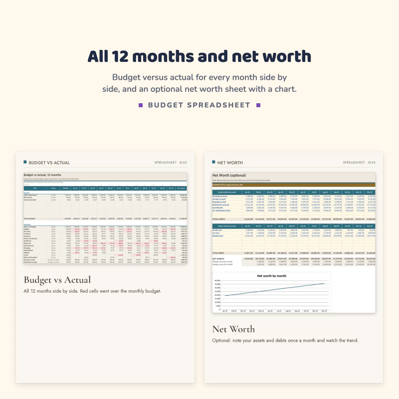 Budget vs Actual sheet with all 12 months side by side, next to the optional Net Worth sheet with assets, debts and a line chart
