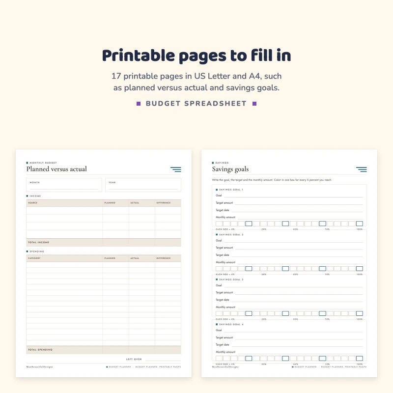 Planned versus actual page with income and spending tables, next to a savings goals page with goal, target date and progress boxes
